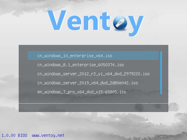 First screen of Ventoy while booting
